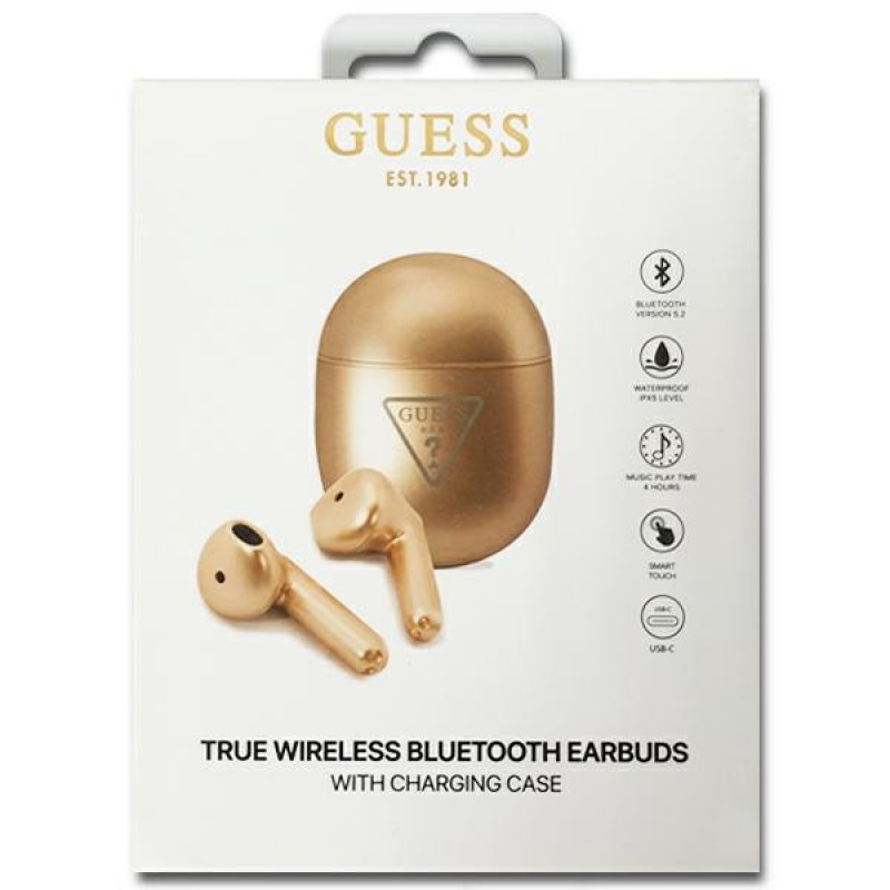 Guess GUTWST82TRD belaidės TWS ausinukai su dokavimo stotele, Triangle Logo, Bluetooth 5.0, auksinės