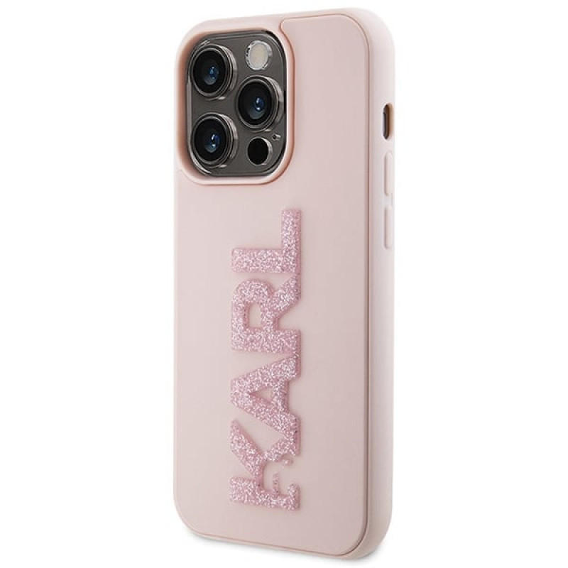 Karl Lagerfeld KLHCP15X3DMBKCP kietas dėklas Apple iPhone 15 Pro Max, 3D Rubber Glitter Logo, rožinis