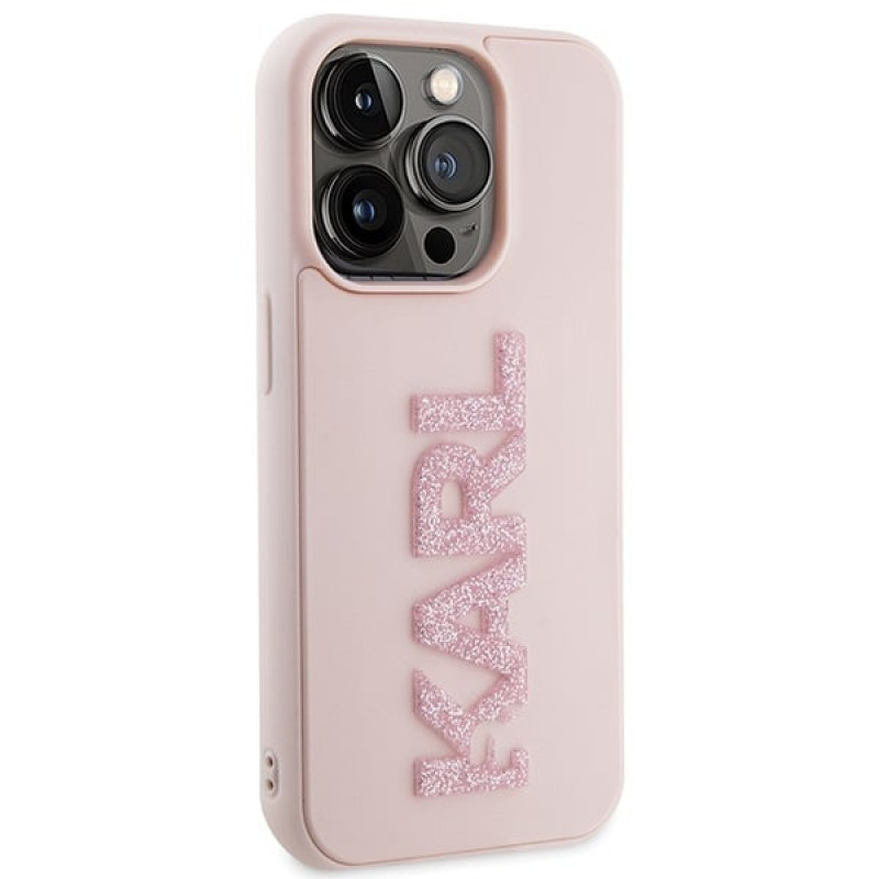 Karl Lagerfeld KLHCP15X3DMBKCP kietas dėklas Apple iPhone 15 Pro Max, 3D Rubber Glitter Logo, rožinis