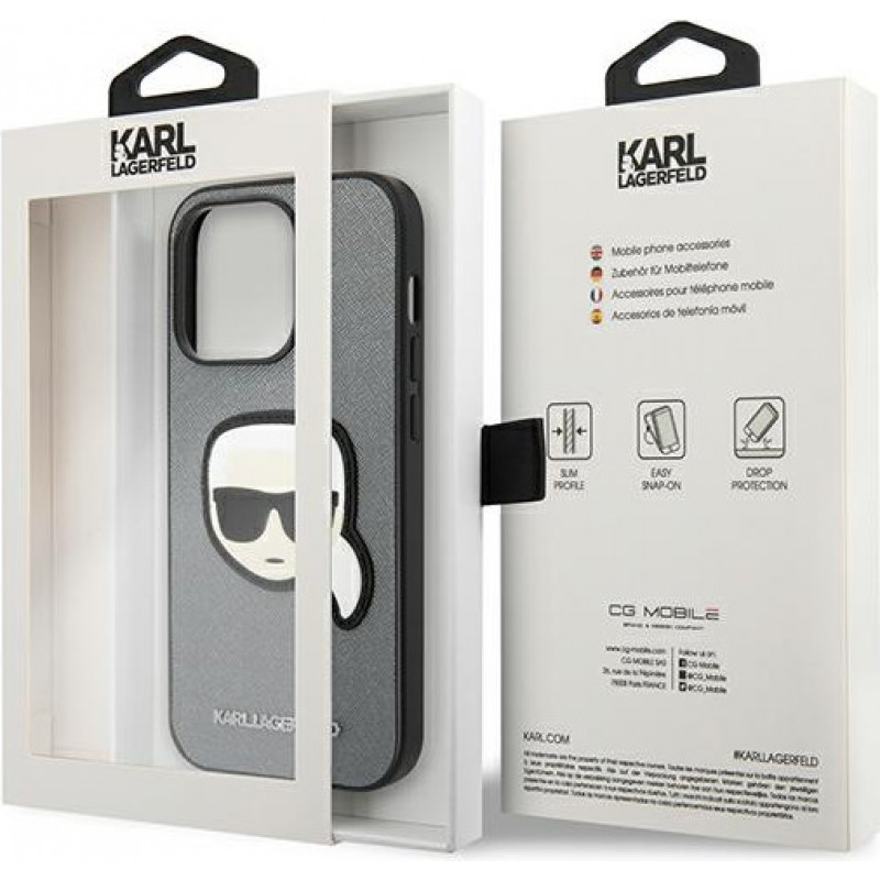 Karl Lagerfeld KLHCP14LSAPKHG kietasis dėklas Apple iPhone 14 Pro, Saffiano Karl's Head Patch, sidabrinis