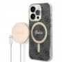 Guess GUBPP14XH4EACSK dėklas + belaidis įkroviklis Apple iPhone 14 Pro Max juodas kietasis dėklas, 4G Print, MagSafe