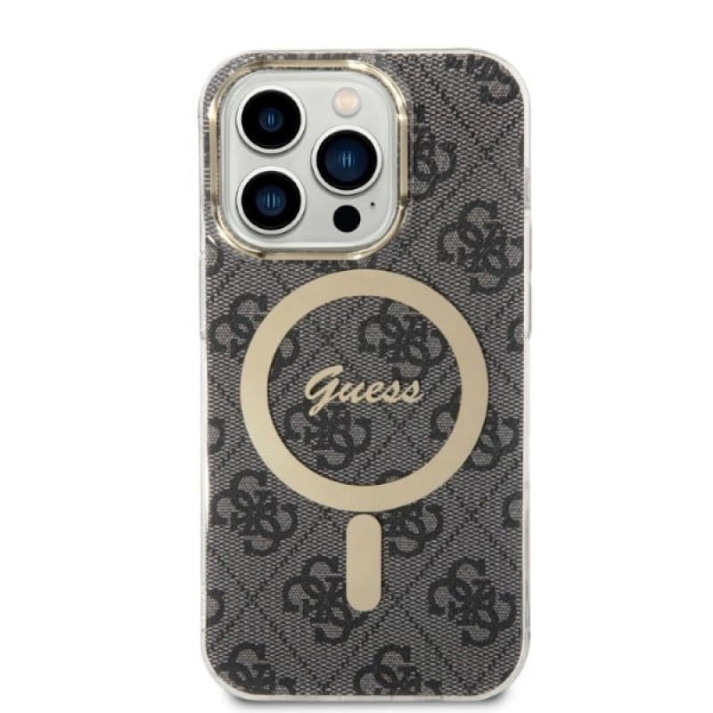 Guess GUBPP14XH4EACSK dėklas + belaidis įkroviklis Apple iPhone 14 Pro Max juodas kietasis dėklas, 4G Print, MagSafe