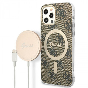 Guess GUBPP12MH4EACSW dėklas + belaidis įkroviklis Apple iPhone 12 / iPhone 12 Pro, rudas, kietasis dėklas, 4G Print, MagSafe