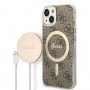 Guess GUBPP14MH4EACSW dėklas + belaidis įkroviklis Apple iPhone 14 Plus / iPhone 15 Plus rudas kietasis dėklas, 4G Print, MagSafe