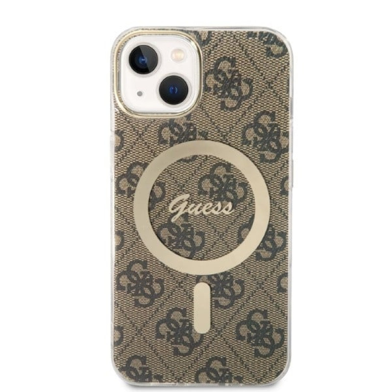 Guess GUBPP14MH4EACSW dėklas + belaidis įkroviklis Apple iPhone 14 Plus / iPhone 15 Plus rudas kietasis dėklas, 4G Print, MagSafe