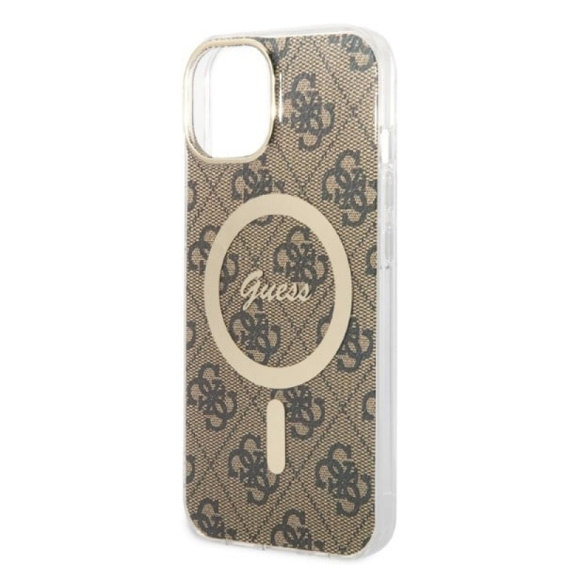Guess GUBPP14MH4EACSW dėklas + belaidis įkroviklis Apple iPhone 14 Plus / iPhone 15 Plus rudas kietasis dėklas, 4G Print, MagSafe