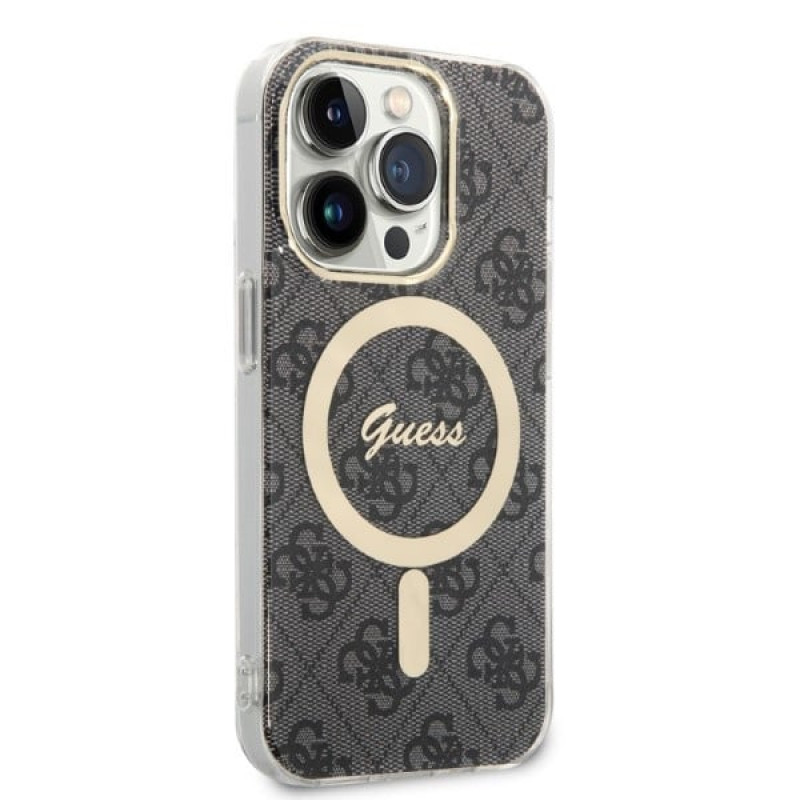 Guess GUBPP14LH4EACSK dėklas + belaidis įkroviklis Apple iPhone 14 Pro juodas kietasis dėklas, 4G Print, MagSafe