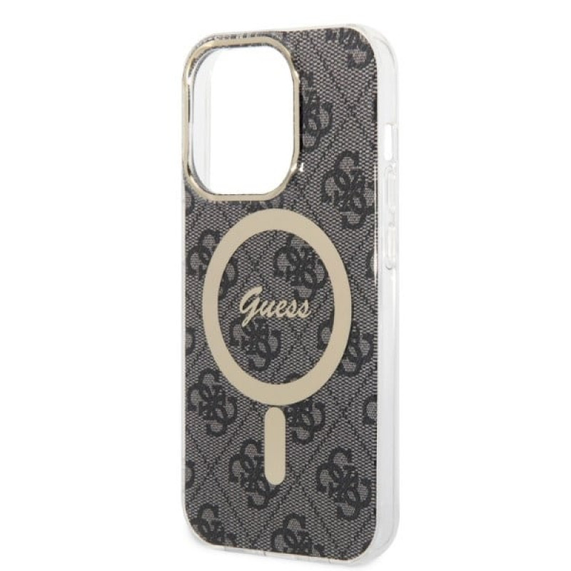Guess GUBPP14LH4EACSK dėklas + belaidis įkroviklis Apple iPhone 14 Pro juodas kietasis dėklas, 4G Print, MagSafe