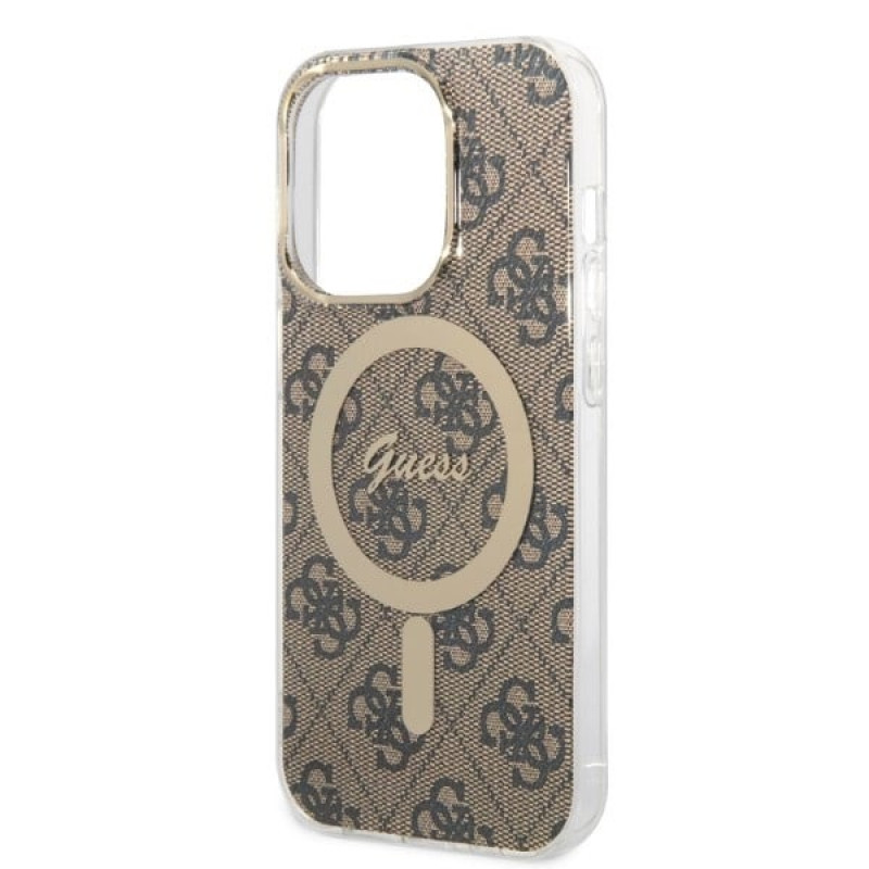 Guess GUBPP14XH4EACSW dėklas + belaidis įkroviklis Apple iPhone 14 Pro Max rudas kietasis dėklas, 4G Print, MagSafe