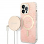 Guess GUBPP13LH4EACSP dėklas + belaidis įkroviklis Apple iPhone 13 Pro rožinis kietasis dėklas, 4G Print, MagSafe
