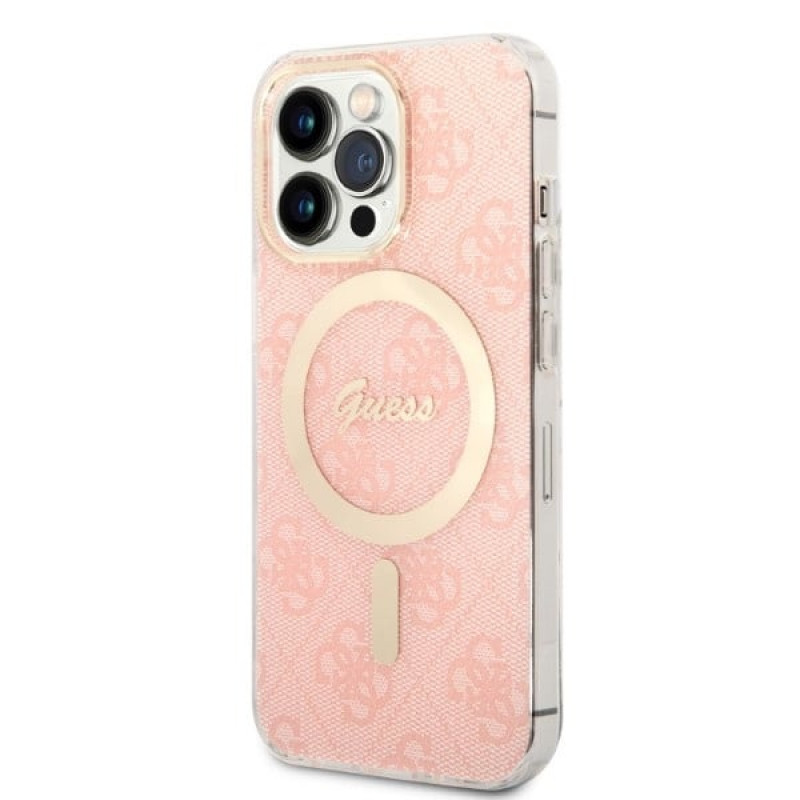 Guess GUBPP13LH4EACSP dėklas + belaidis įkroviklis Apple iPhone 13 Pro rožinis kietasis dėklas, 4G Print, MagSafe