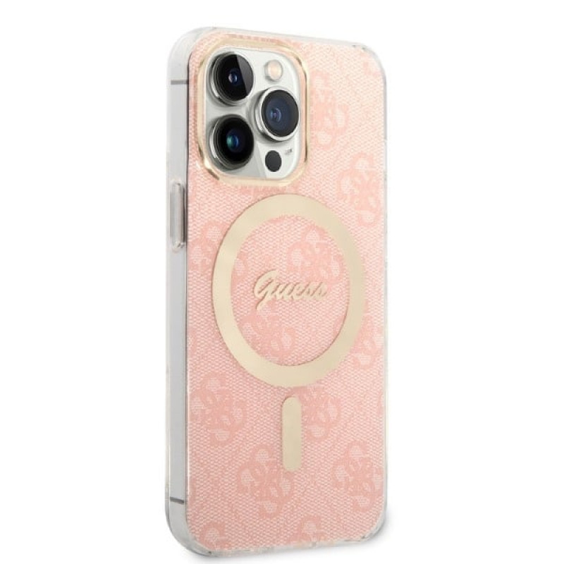 Guess GUBPP13LH4EACSP dėklas + belaidis įkroviklis Apple iPhone 13 Pro rožinis kietasis dėklas, 4G Print, MagSafe