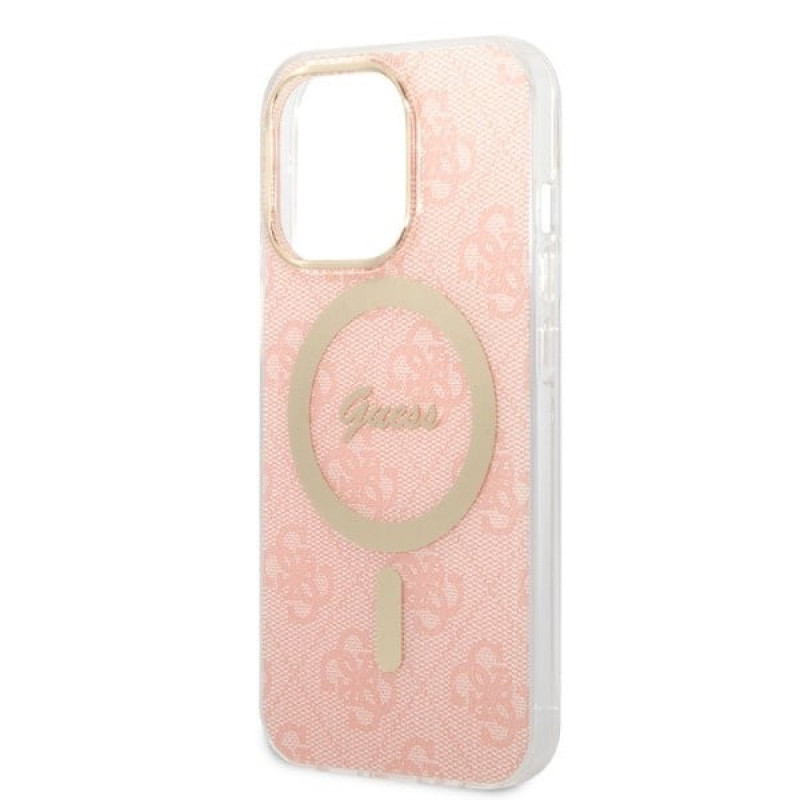 Guess GUBPP13LH4EACSP dėklas + belaidis įkroviklis Apple iPhone 13 Pro rožinis kietasis dėklas, 4G Print, MagSafe