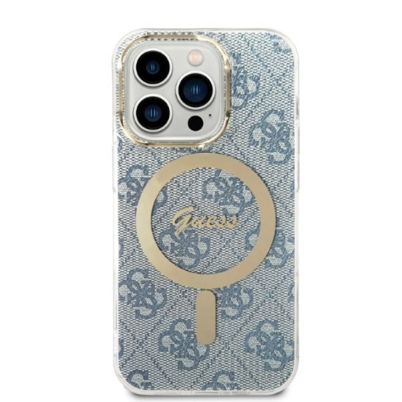 Guess GUBPP14XH4EACSB dėklas + belaidis įkroviklis Apple iPhone 14 Pro Max mėlynas kietasis dėklas, 4G Print, MagSafe