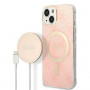 Guess GUBPP14MH4EACSP Dėklas + belaidis įkroviklis Apple iPhone 14 Plus / iPhone 15 Plus rausvas kietasis dėklas, 4G Print, MagSafe