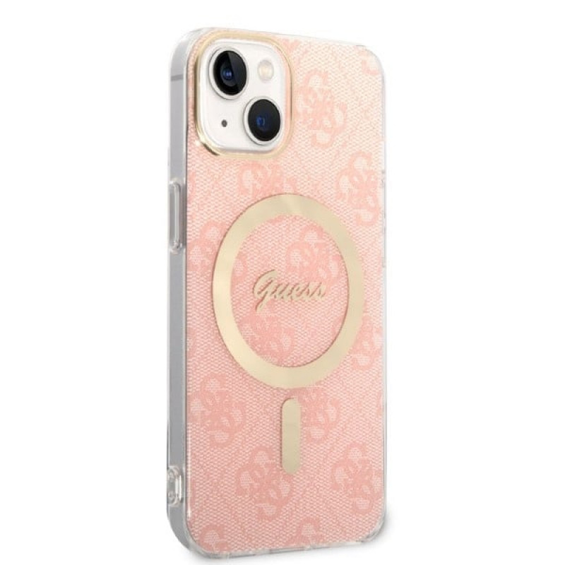 Guess GUBPP14MH4EACSP Dėklas + belaidis įkroviklis Apple iPhone 14 Plus / iPhone 15 Plus rausvas kietasis dėklas, 4G Print, MagSafe