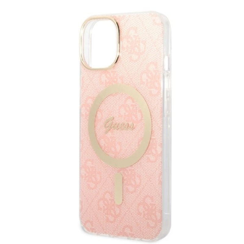 Guess GUBPP14MH4EACSP Dėklas + belaidis įkroviklis Apple iPhone 14 Plus / iPhone 15 Plus rausvas kietasis dėklas, 4G Print, MagSafe