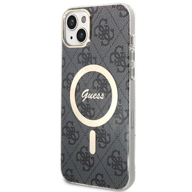 Guess GUBPP14MH4EACSK dėklas + belaidis įkroviklis Apple iPhone 14 Plus / iPhone 15 Plus juodas kietasis dėklas, 4G Print, MagSafe