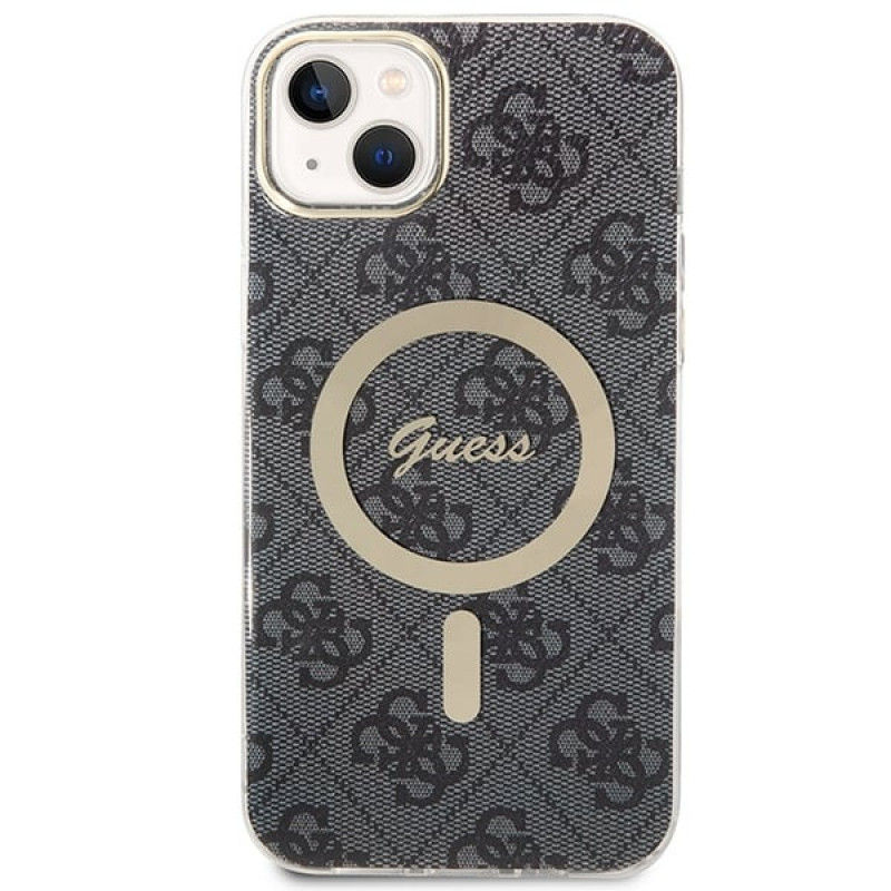 Guess GUBPP14MH4EACSK dėklas + belaidis įkroviklis Apple iPhone 14 Plus / iPhone 15 Plus juodas kietasis dėklas, 4G Print, MagSafe