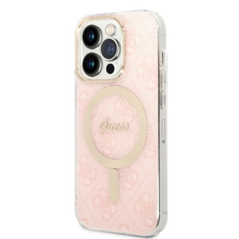 Guess GUBPP14LH4EACSP dėklas + belaidis įkroviklis Apple iPhone 14 Pro rausvas kietasis dėklas, 4G Print, MagSafe