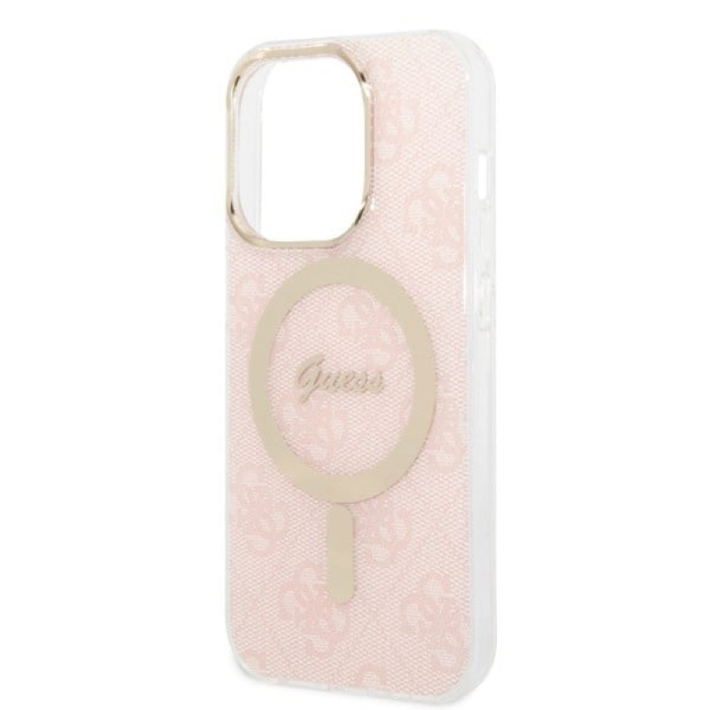 Guess GUBPP14LH4EACSP dėklas + belaidis įkroviklis Apple iPhone 14 Pro rausvas kietasis dėklas, 4G Print, MagSafe