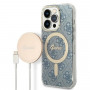Guess GUBPP14LH4EACSB dėklas + belaidis įkroviklis Apple iPhone 14 Pro mėlynas kietasis dėklas, 4G Print, MagSafe