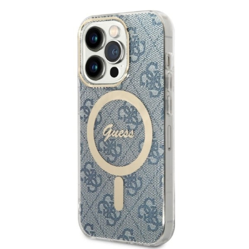 Guess GUBPP14LH4EACSB dėklas + belaidis įkroviklis Apple iPhone 14 Pro mėlynas kietasis dėklas, 4G Print, MagSafe
