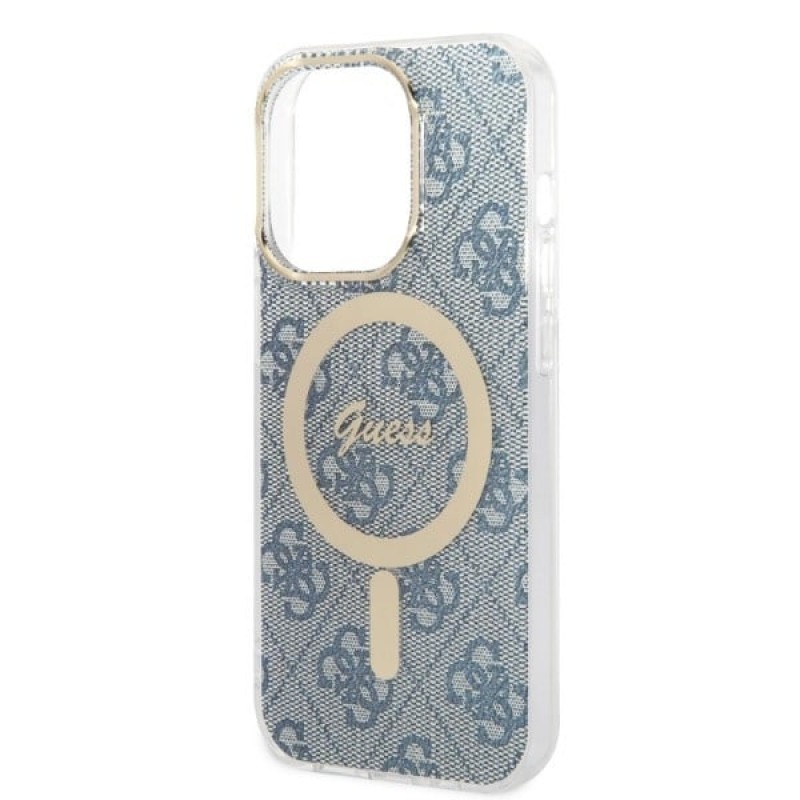 Guess GUBPP14LH4EACSB dėklas + belaidis įkroviklis Apple iPhone 14 Pro mėlynas kietasis dėklas, 4G Print, MagSafe