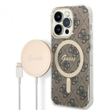 Guess GUBPP14LH4EACSW dėklas + belaidis įkroviklis Apple iPhone 14 Pro rudas kietas dėklas, 4G Print, MagSafe