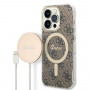 Guess GUBPP14LH4EACSW dėklas + belaidis įkroviklis Apple iPhone 14 Pro rudas kietas dėklas, 4G Print, MagSafe
