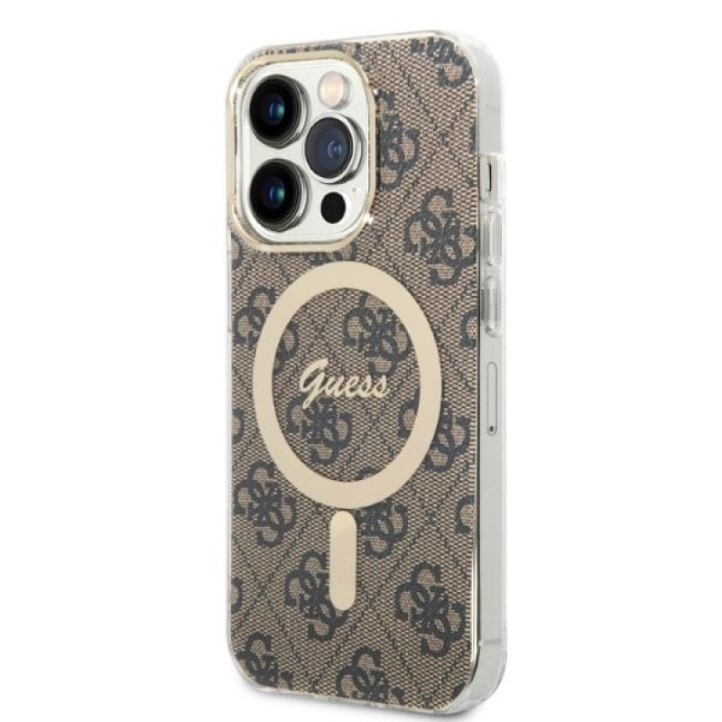 Guess GUBPP14LH4EACSW dėklas + belaidis įkroviklis Apple iPhone 14 Pro rudas kietas dėklas, 4G Print, MagSafe