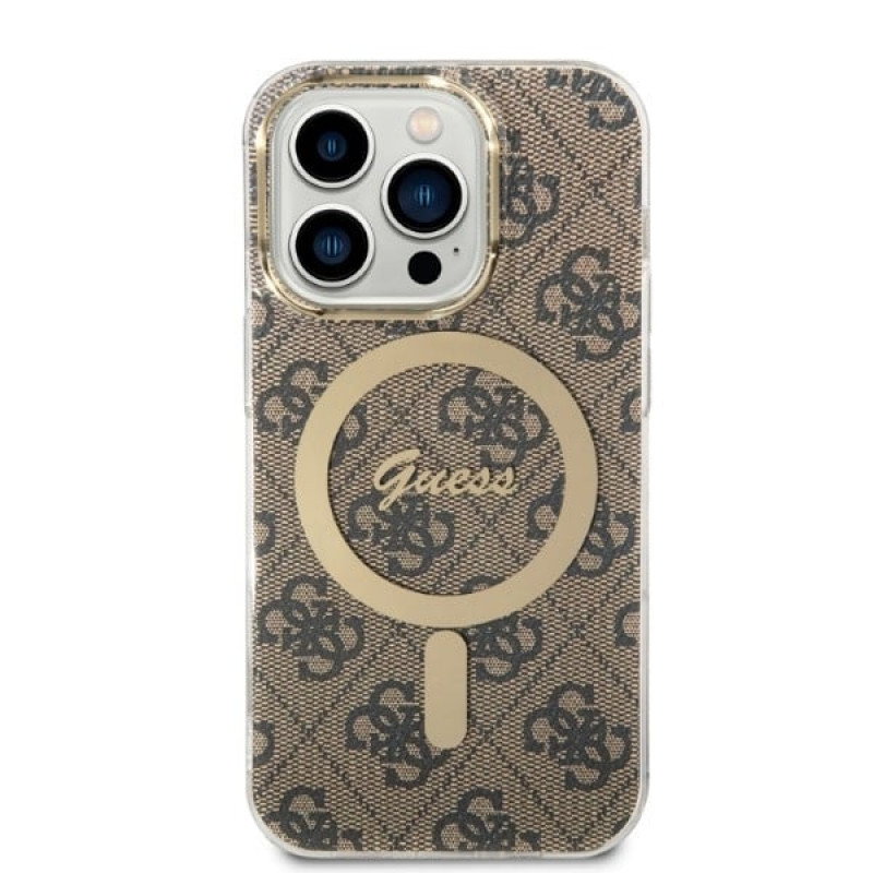 Guess GUBPP14LH4EACSW dėklas + belaidis įkroviklis Apple iPhone 14 Pro rudas kietas dėklas, 4G Print, MagSafe