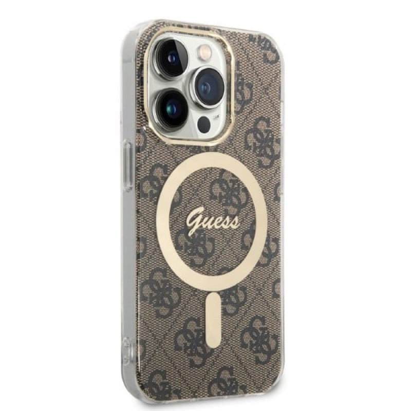 Guess GUBPP14LH4EACSW dėklas + belaidis įkroviklis Apple iPhone 14 Pro rudas kietas dėklas, 4G Print, MagSafe