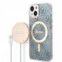 Guess GUBPP14MH4EACSB dėklas + belaidis įkroviklis Apple iPhone 14 Plus / iPhone 15 Plus mėlynas kietas dėklas, 4G Print, MagSafe