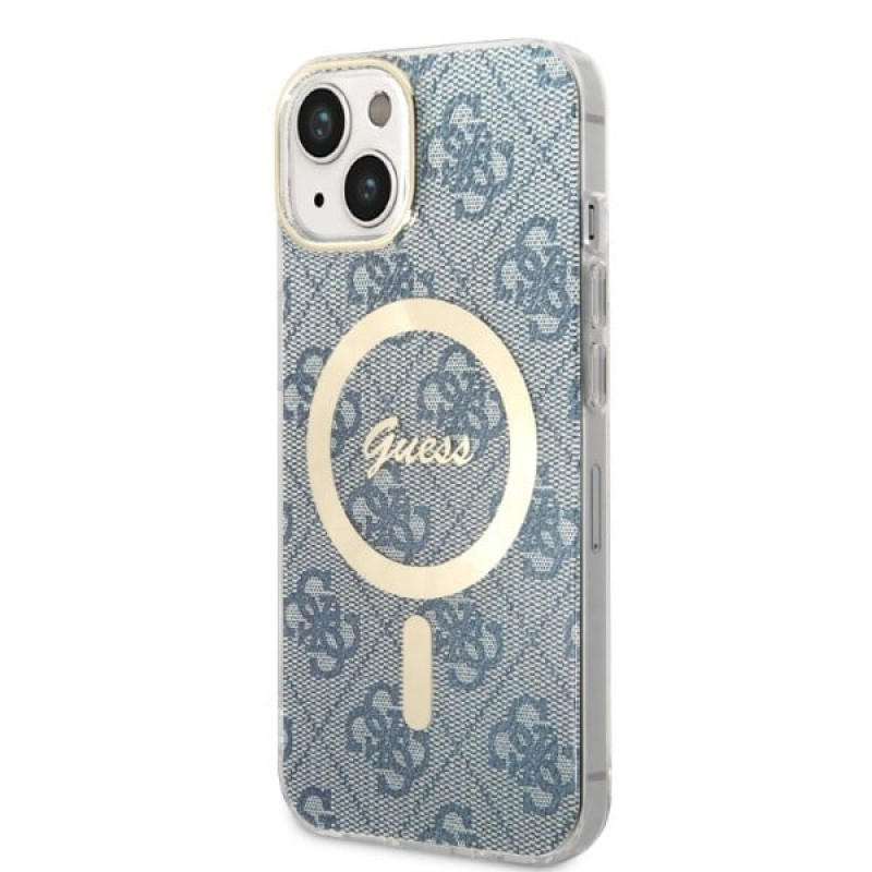 Guess GUBPP14MH4EACSB dėklas + belaidis įkroviklis Apple iPhone 14 Plus / iPhone 15 Plus mėlynas kietas dėklas, 4G Print, MagSafe