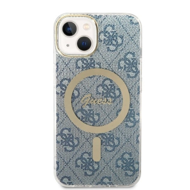 Guess GUBPP14MH4EACSB dėklas + belaidis įkroviklis Apple iPhone 14 Plus / iPhone 15 Plus mėlynas kietas dėklas, 4G Print, MagSafe