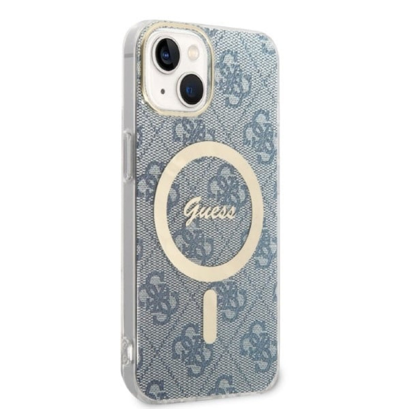 Guess GUBPP14MH4EACSB dėklas + belaidis įkroviklis Apple iPhone 14 Plus / iPhone 15 Plus mėlynas kietas dėklas, 4G Print, MagSafe