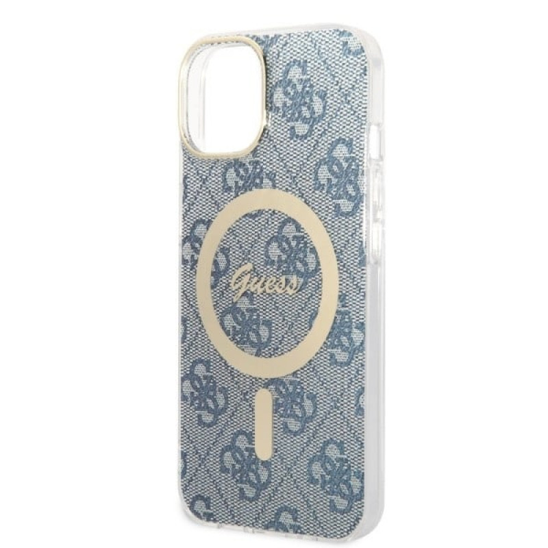Guess GUBPP14MH4EACSB dėklas + belaidis įkroviklis Apple iPhone 14 Plus / iPhone 15 Plus mėlynas kietas dėklas, 4G Print, MagSafe