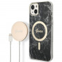 Guess GUBPP14MHMEACSK dėklas + belaidis įkroviklis Apple iPhone 14 Plus / iPhone 15 Plus juodas kietasis dėklas, Marble, MagSafe