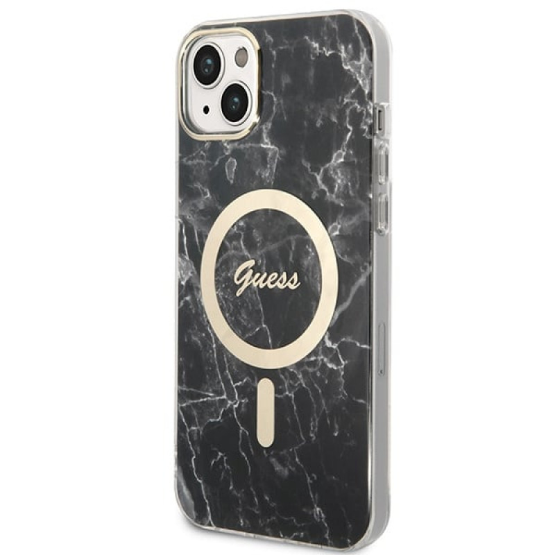 Guess GUBPP14MHMEACSK dėklas + belaidis įkroviklis Apple iPhone 14 Plus / iPhone 15 Plus juodas kietasis dėklas, Marble, MagSafe