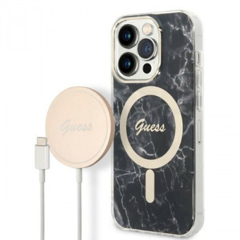 Guess GUBPP14XHMEACSK dėklas + belaidis įkroviklis Apple iPhone 14 Pro Max juodas kietasis dėklas, Marble, MagSafe