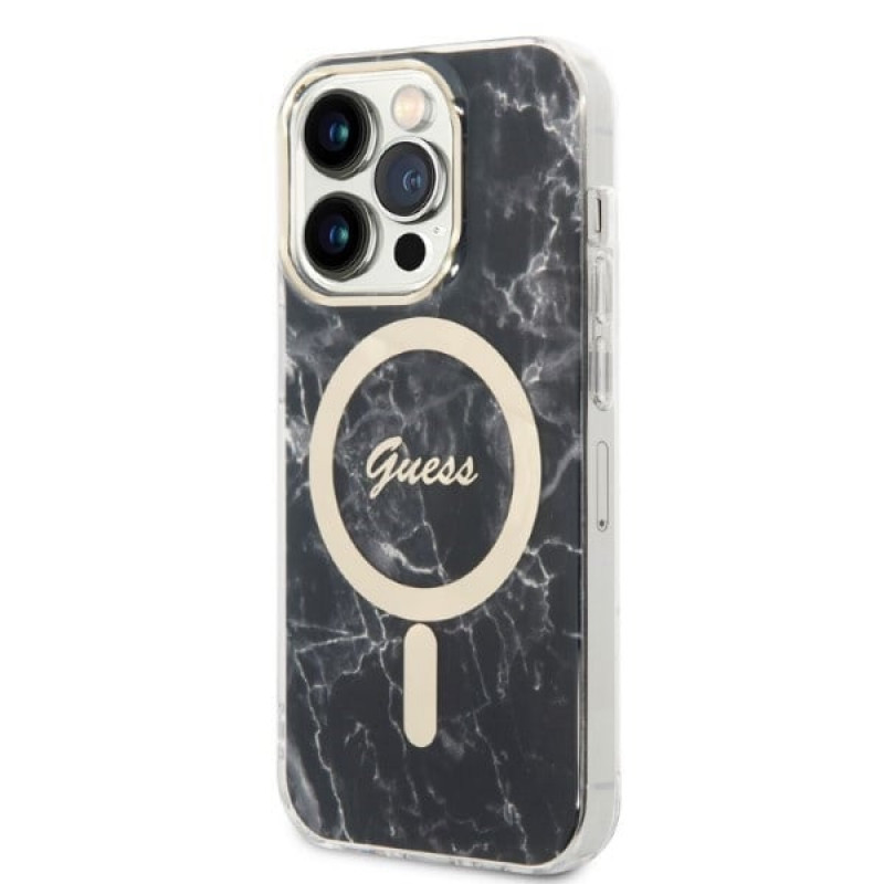 Guess GUBPP14XHMEACSK dėklas + belaidis įkroviklis Apple iPhone 14 Pro Max juodas kietasis dėklas, Marble, MagSafe