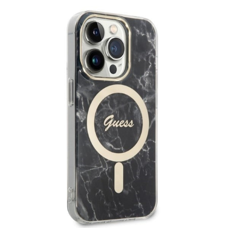 Guess GUBPP14XHMEACSK dėklas + belaidis įkroviklis Apple iPhone 14 Pro Max juodas kietasis dėklas, Marble, MagSafe