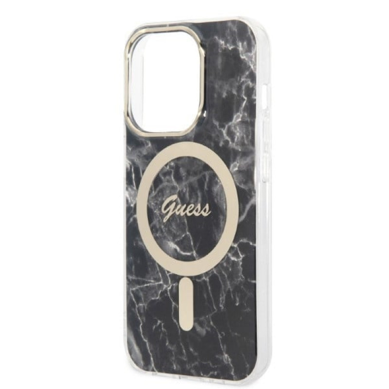 Guess GUBPP14XHMEACSK dėklas + belaidis įkroviklis Apple iPhone 14 Pro Max juodas kietasis dėklas, Marble, MagSafe