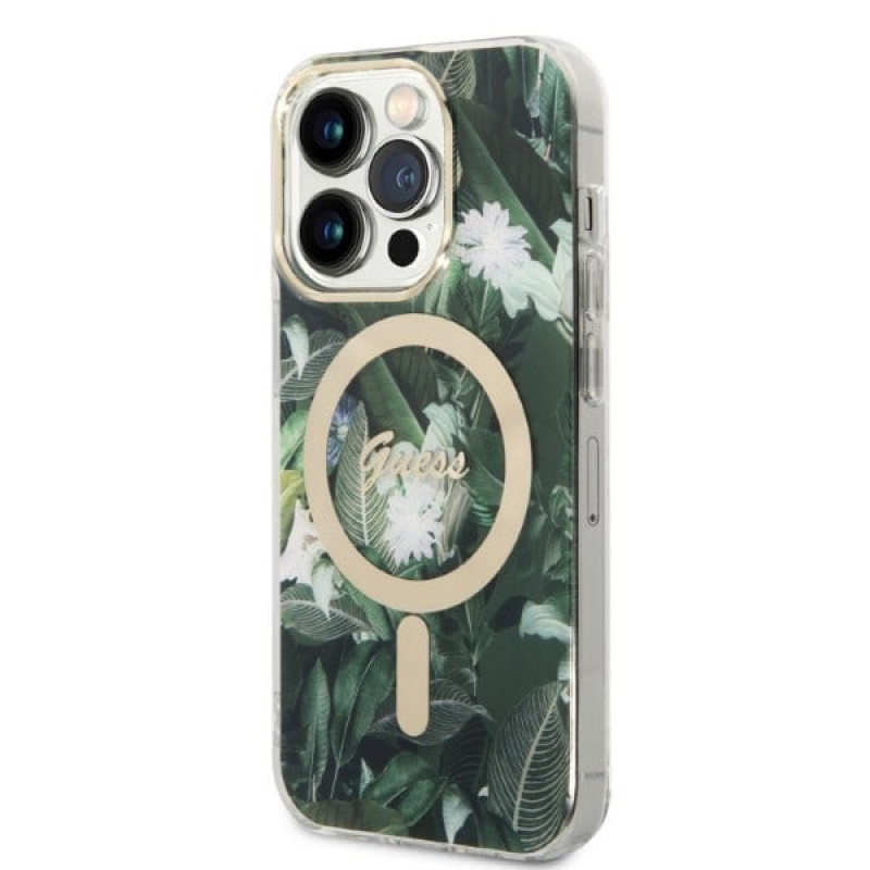 Guess GUBPP14LHJEACSA dėklas + belaidis įkroviklis Apple iPhone 14 Pro žalias kietasis dėklas, Jungle, MagSafe