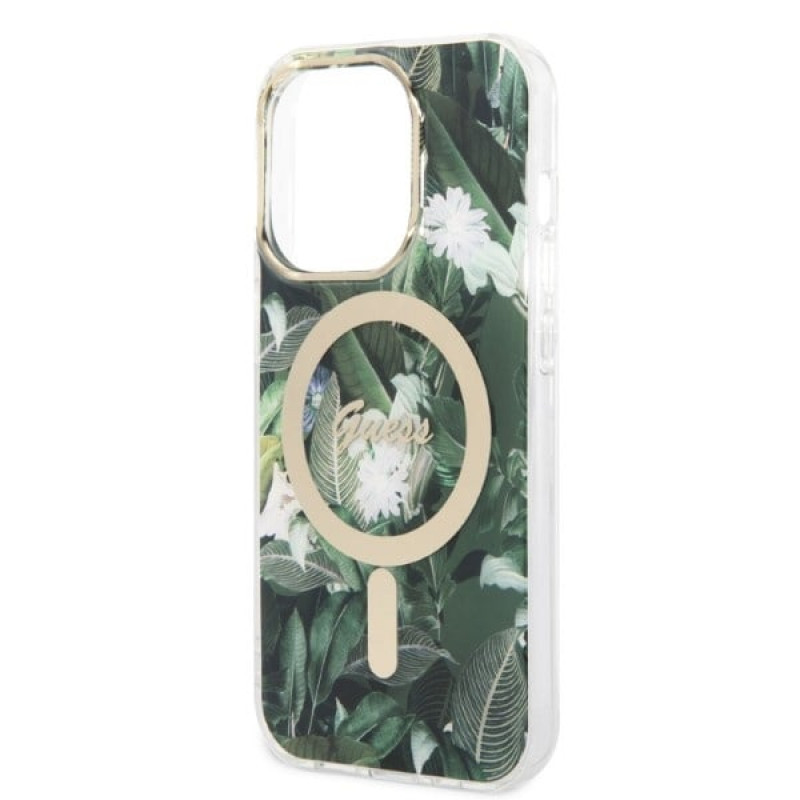 Guess GUBPP14LHJEACSA dėklas + belaidis įkroviklis Apple iPhone 14 Pro žalias kietasis dėklas, Jungle, MagSafe