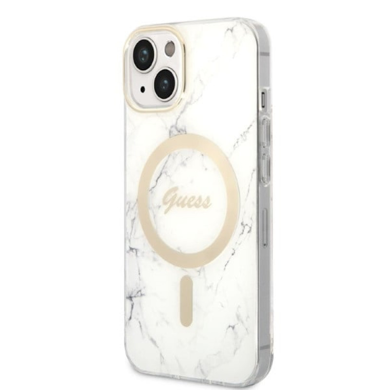 Guess GUBPP14MHMEACSH dėklas + belaidis įkroviklis Apple iPhone 14 Plus / iPhone 15 Plus baltas kietasis dėklas, Marble, MagSafe