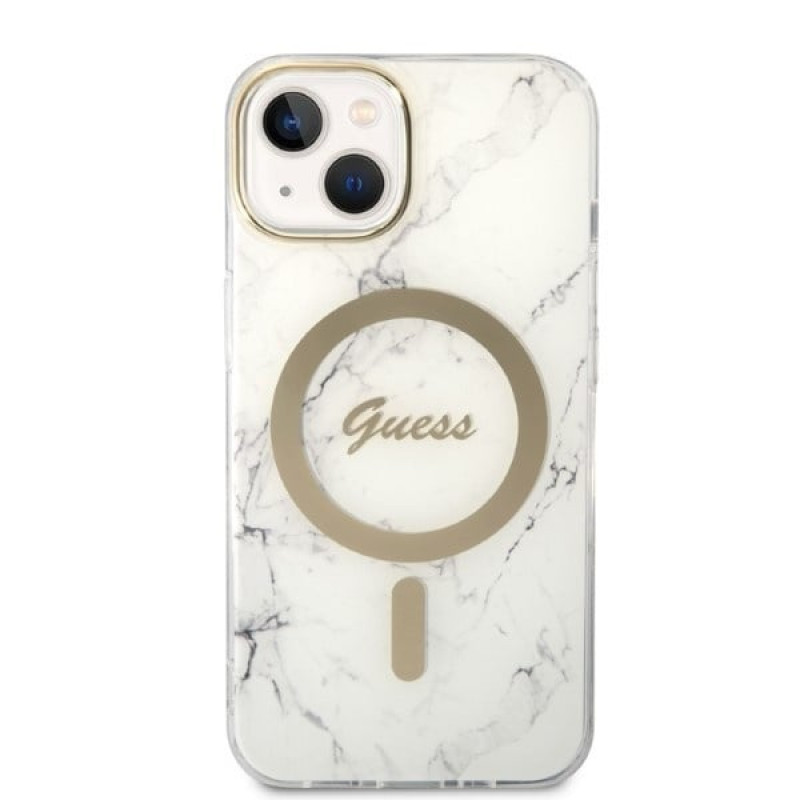 Guess GUBPP14MHMEACSH dėklas + belaidis įkroviklis Apple iPhone 14 Plus / iPhone 15 Plus baltas kietasis dėklas, Marble, MagSafe