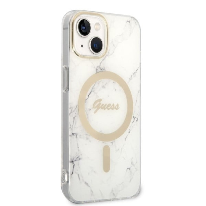 Guess GUBPP14MHMEACSH dėklas + belaidis įkroviklis Apple iPhone 14 Plus / iPhone 15 Plus baltas kietasis dėklas, Marble, MagSafe