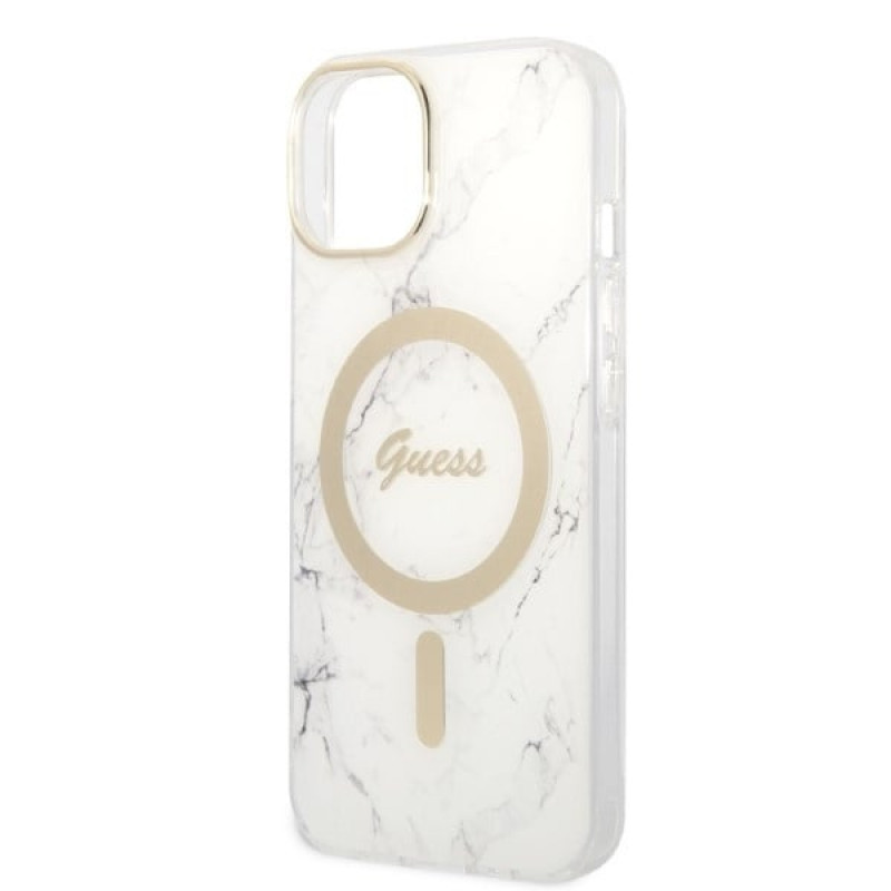 Guess GUBPP14MHMEACSH dėklas + belaidis įkroviklis Apple iPhone 14 Plus / iPhone 15 Plus baltas kietasis dėklas, Marble, MagSafe